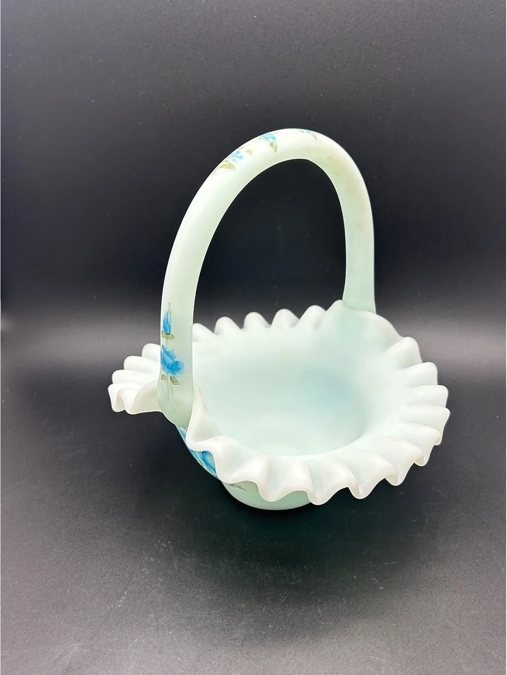 Fenton Light Blue Satin Ruffled Hand Painted Basket